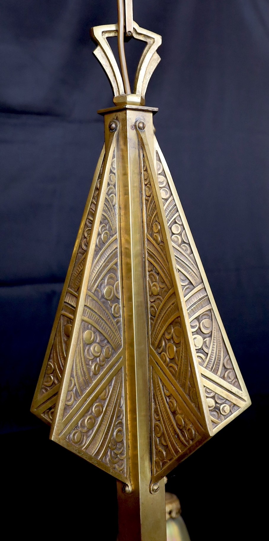 A French Art Deco Valinale de Sevres gilt bronze five light chandelier, of stylish geometric design with iridescent gold tinted glass shades, height 100cm. width 65cm